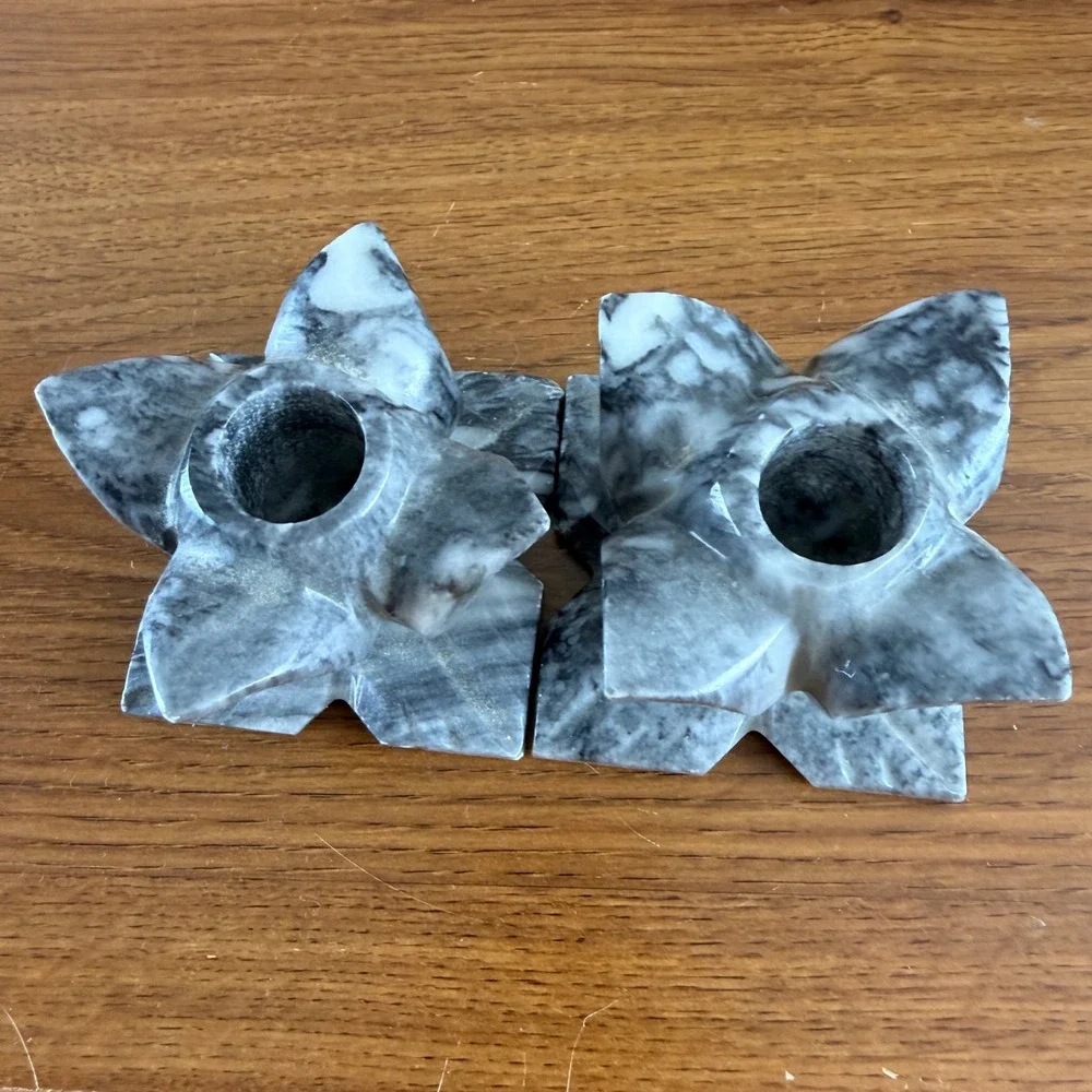Pair Vintage Carved Marble Lotus Flower Candle Holders Gray Stone 3